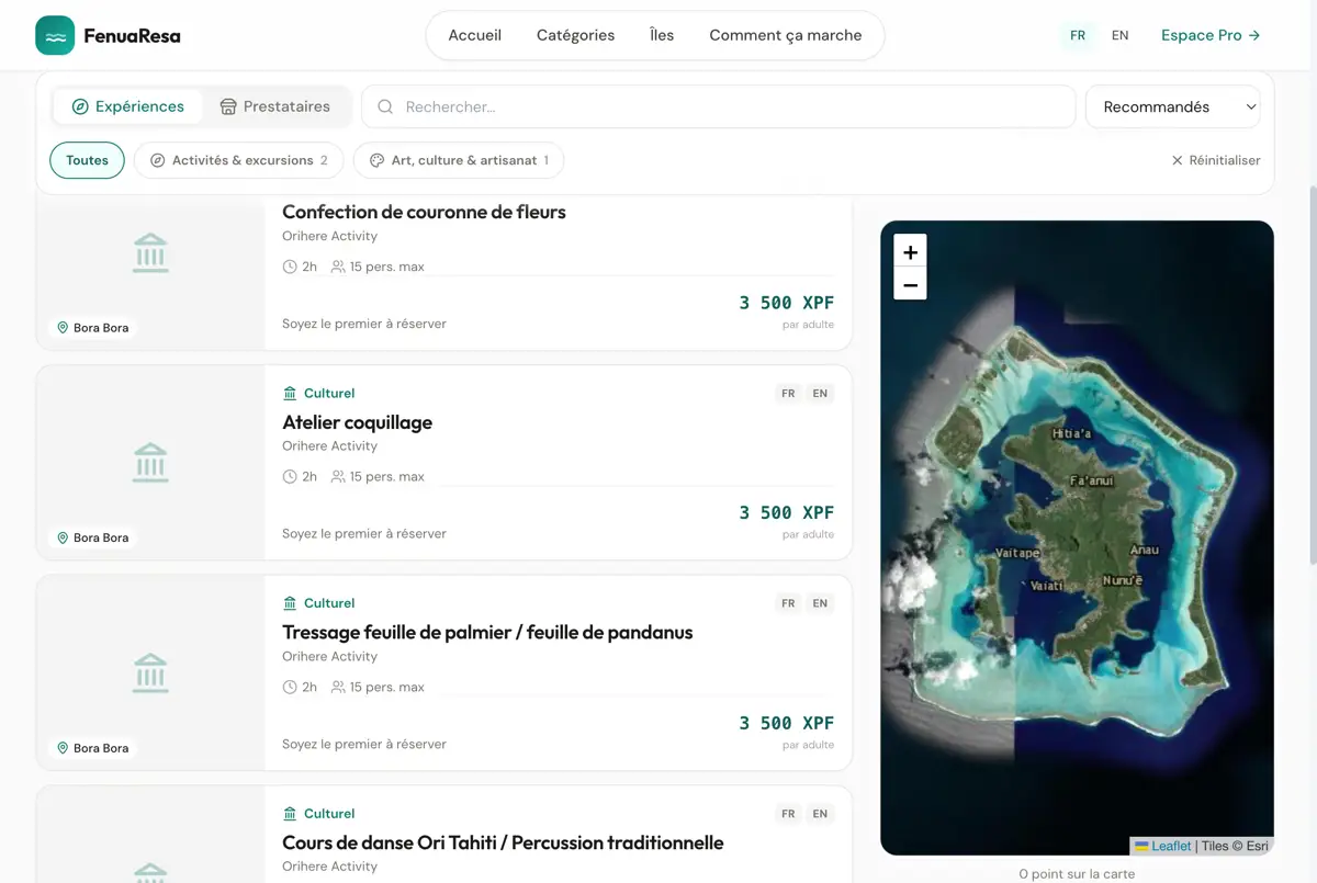 FenuaResa directory preview: provider listings on an island page